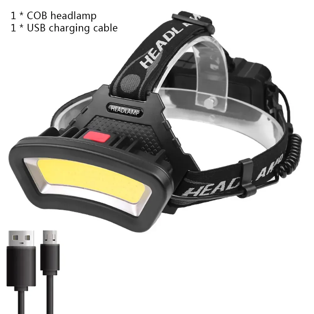 COB LED Wide Headlamp Wide Range Lighting USB Rechargeable LED Wide Angle Headlight with Battery Level Display 2*18650 Batteries