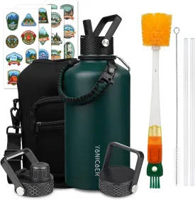 Insulated Water Bottle 87oz,Triple Wall Vacuum Stainless Steel(Dishwasher Safe),Leak Proof & Non-BPA,Flask Jug with Paracord Handle & Straw Spout Lids Sports Green