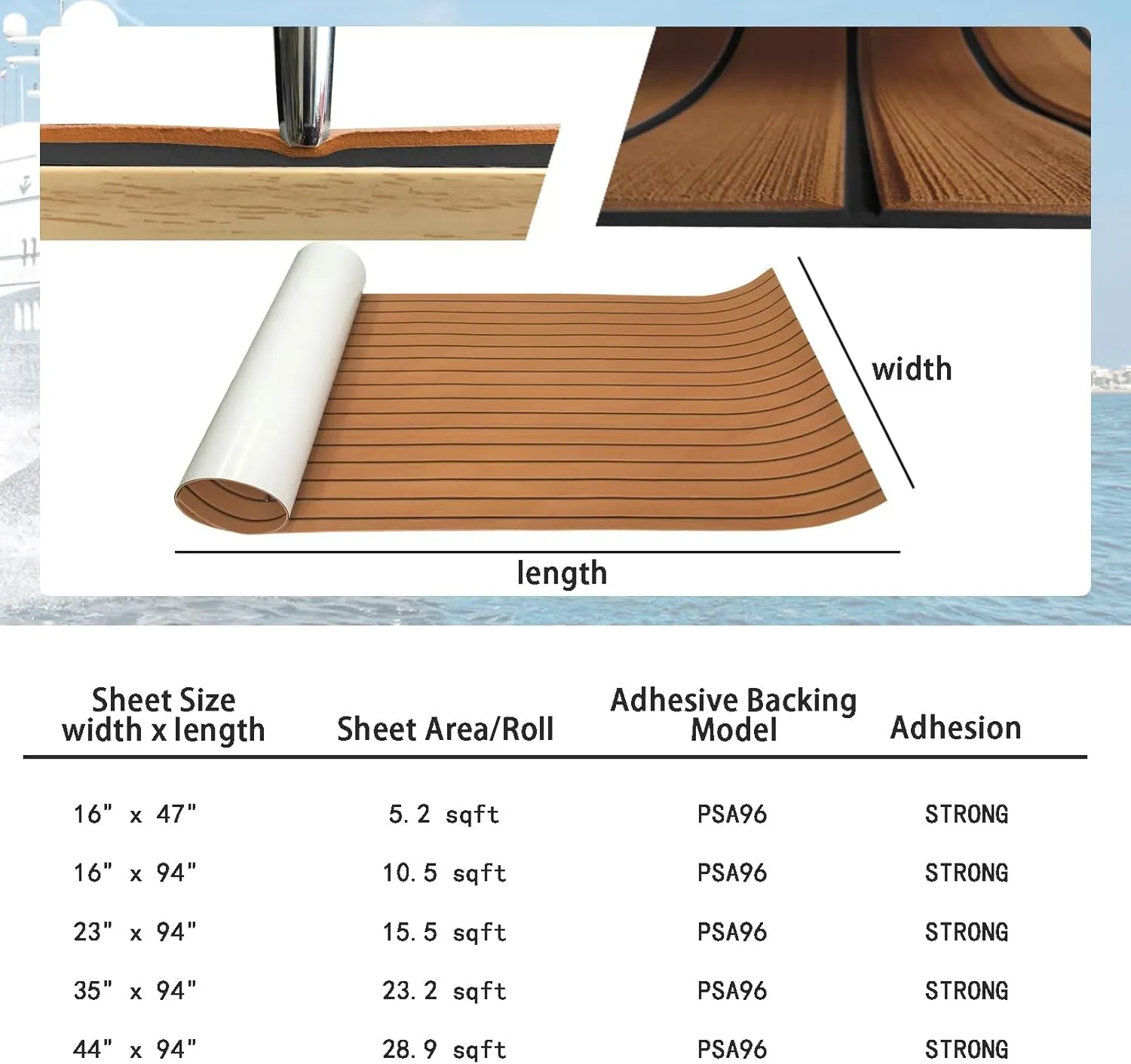 KXKZREN Boat Flooring EVA Foam Decking Sheet Faux Teak Marine Mat Marine Carpet Cooler Tops Non-Slip Self-Adhesive Flooring for Motorboat RV Yacht Kayak Swim Platform 94" X 47"/44"/35"/23"/16"