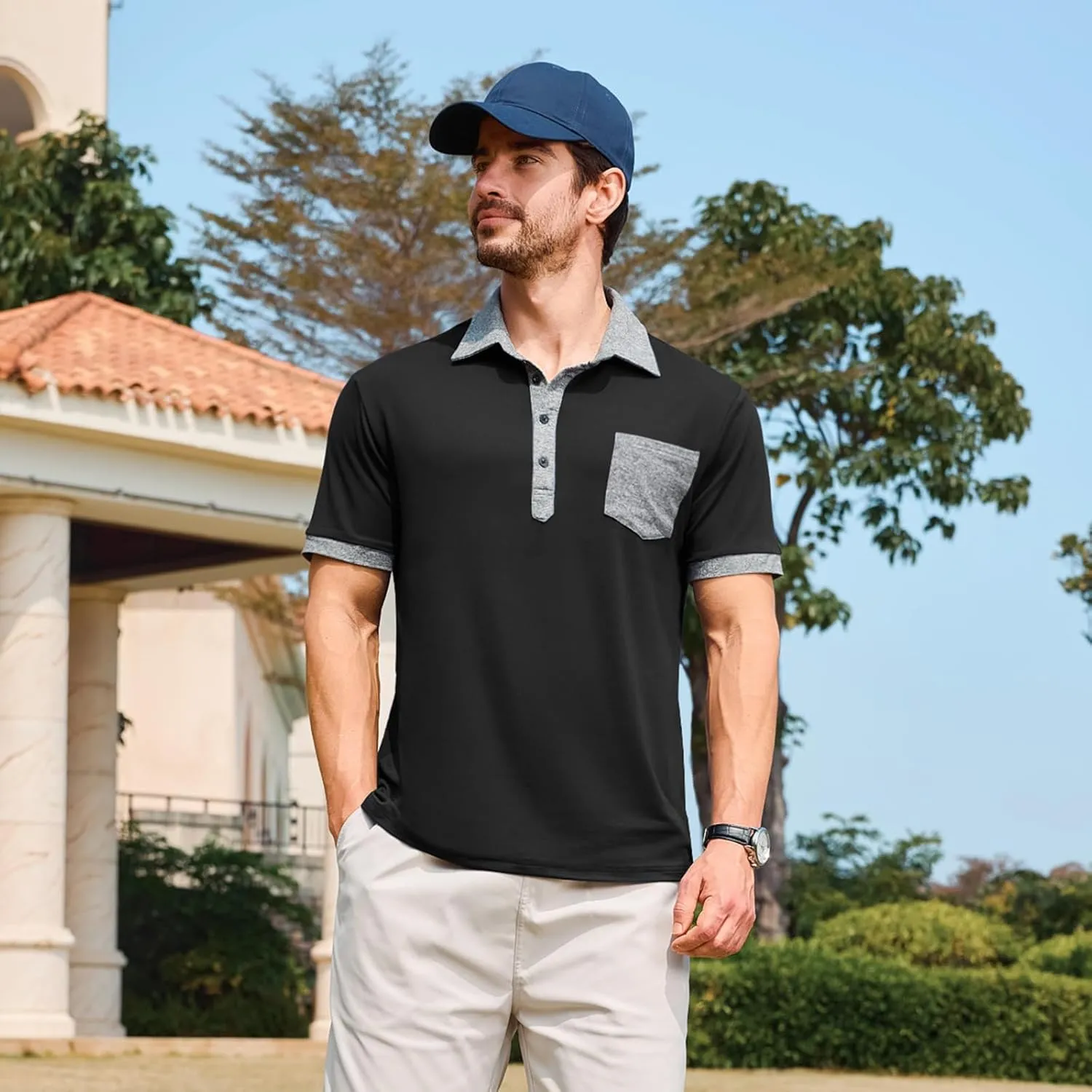 Lexiart Mens Polo Shirts Casual Short Sleeve with Pocket Golf Shirts Moisture Wicking Athletic Collared T-Shirt