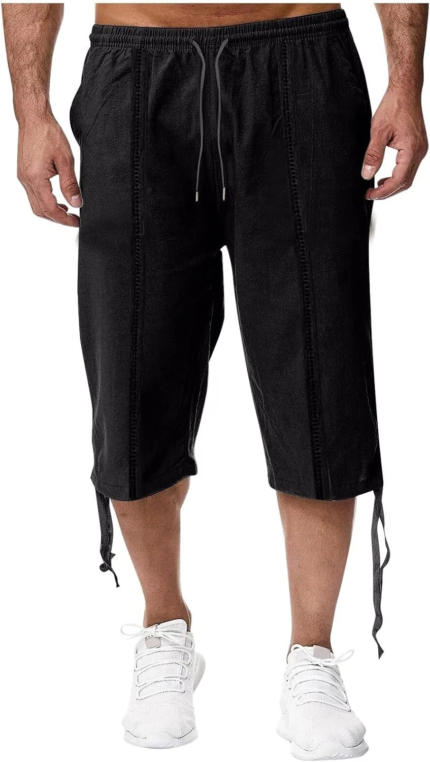 Men's Fashion Cargo Shorts Below Knee Length 3/4 Capri Pants Drawstring Pockets Elastic Waist Gym Shorts