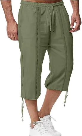 Men's Fashion Cargo Shorts Below Knee Length 3/4 Capri Pants Drawstring Pockets Elastic Waist Gym Shorts