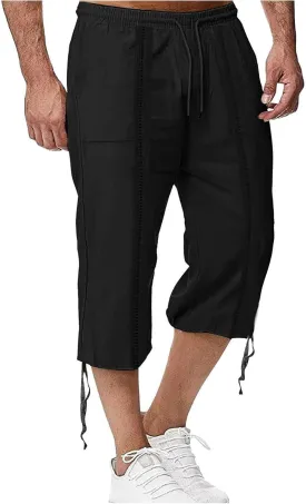 Men's Fashion Cargo Shorts Below Knee Length 3/4 Capri Pants Drawstring Pockets Elastic Waist Gym Shorts
