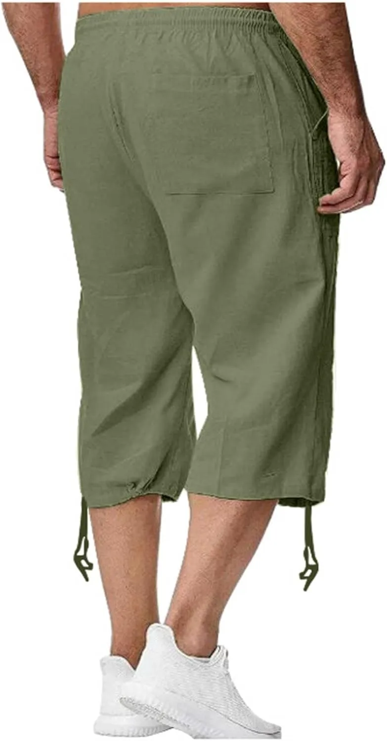 Men's Fashion Cargo Shorts Below Knee Length 3/4 Capri Pants Drawstring Pockets Elastic Waist Gym Shorts
