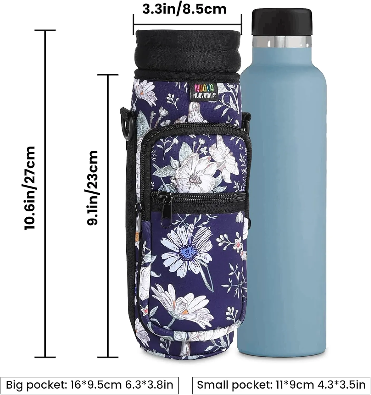 Nuovoware Water Bottle Carrier Bag,25oz/40oz/64oz Bottle Pouch Holder,Adjustable Shoulder Hand Strap 2 Pocket Sling Neoprene Sleeve Sports Accessories for Hiking Travelling Camping
