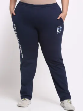 plusS Women Plus Size Navy Blue Typography Printed Mid Rise Cotton Track Pants