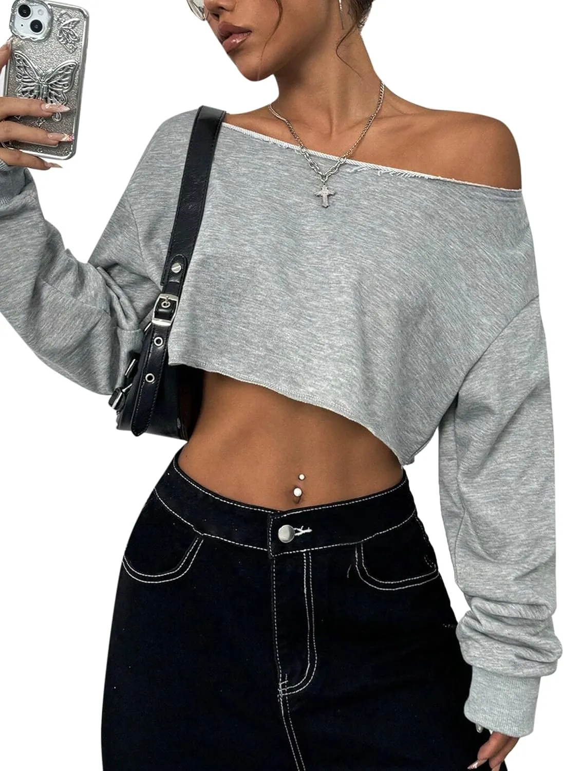 Remidoo Women's Off the Shoulder Cropped Sweatshirt Asymmetrical Neck Long Sleeve Crop Tops