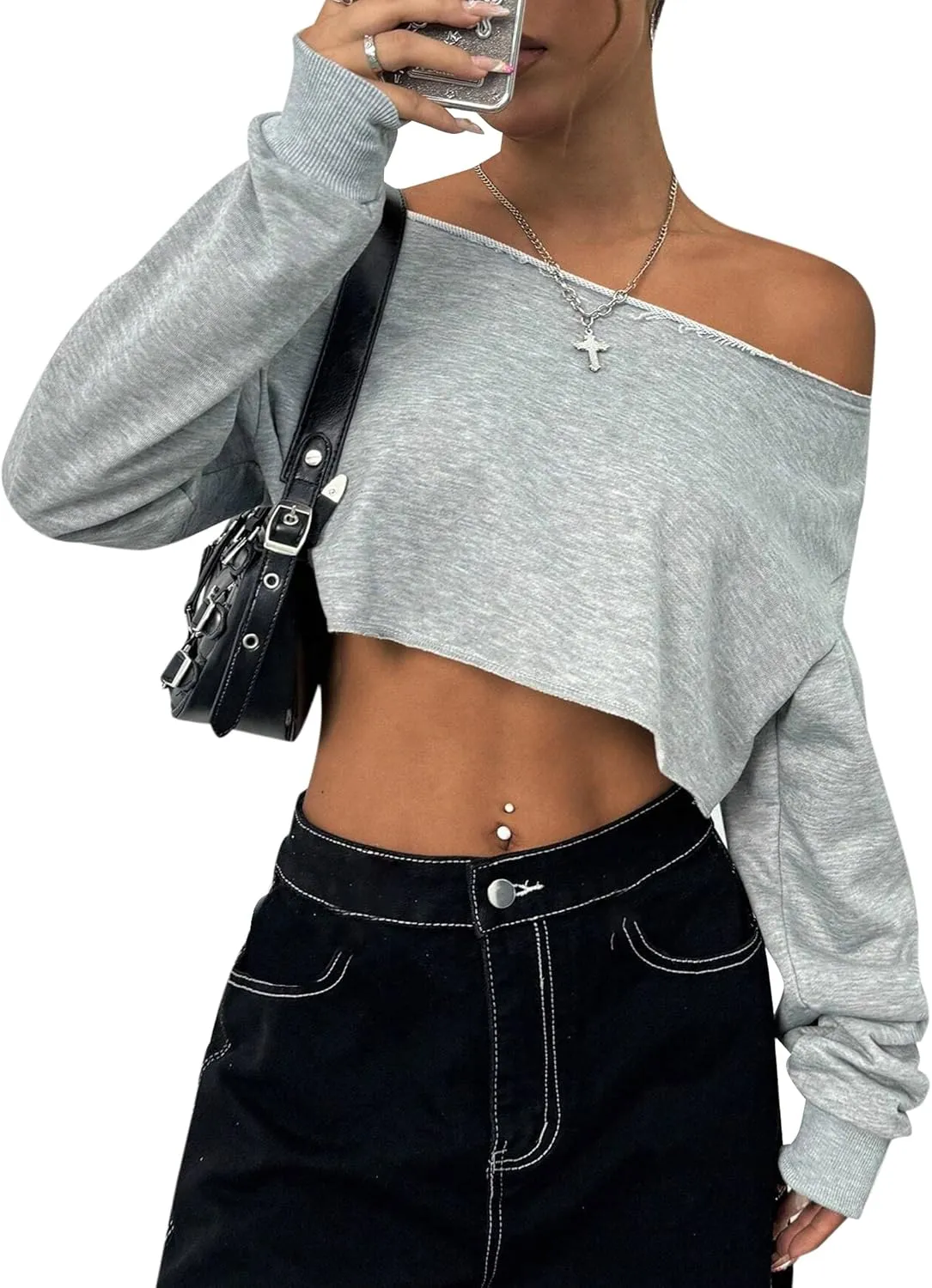 Remidoo Women's Off the Shoulder Cropped Sweatshirt Asymmetrical Neck Long Sleeve Crop Tops