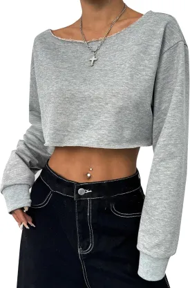 Remidoo Women's Off the Shoulder Cropped Sweatshirt Asymmetrical Neck Long Sleeve Crop Tops