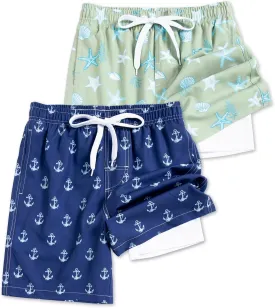 Rolimaka 2 Pack Boys Swim Trunks with Compression Liner Quick Dry Bathing Suit Swimwear UPF Summer Board Shorts
