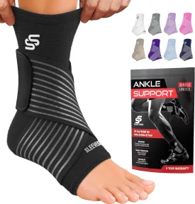 Sleeve Stars Ankle Brace for Women & Men, Ankle Wrap for Sprain, Compression Sleeve for Plantar Fasciitis Relief, Easy Customizable Support: w/ Removable Strap (Single/M:10"-12"/Black)