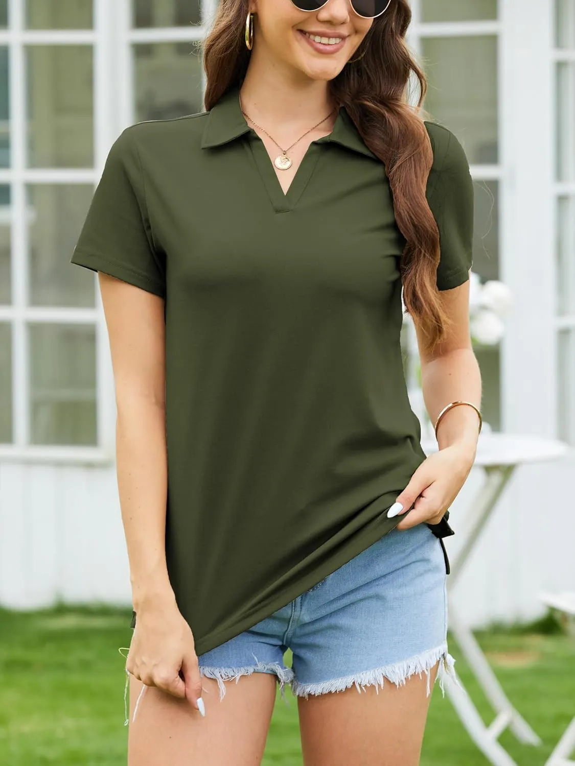 SMENG Women's Polo Shirts Cotton Pique Short Sleeve Summer Tops Collared V-Neck Work,Casual,Golf Shirt