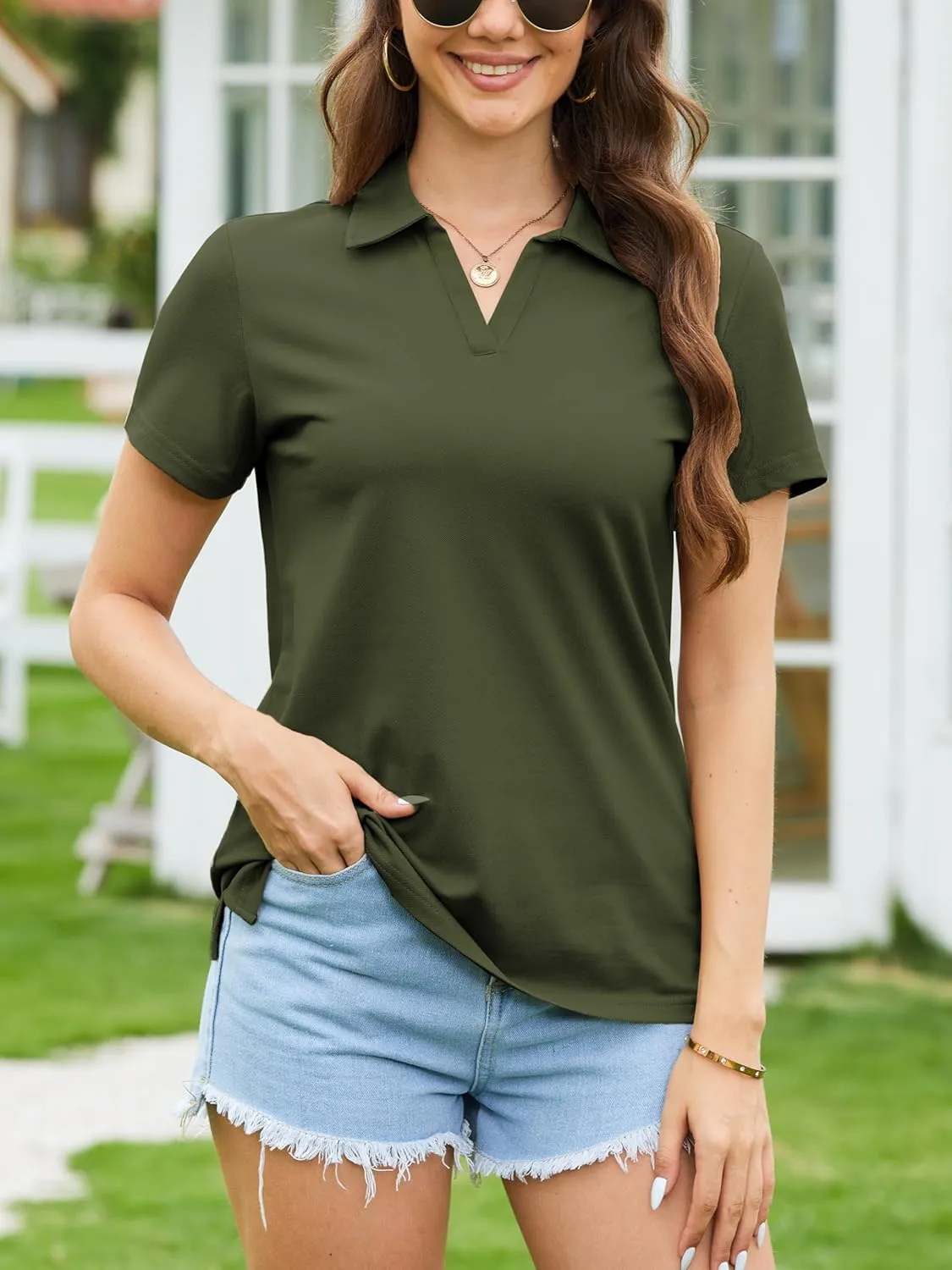 SMENG Women's Polo Shirts Cotton Pique Short Sleeve Summer Tops Collared V-Neck Work,Casual,Golf Shirt