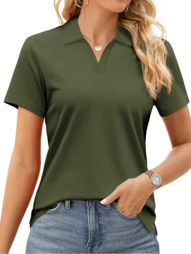 SMENG Women's Polo Shirts Cotton Pique Short Sleeve Summer Tops Collared V-Neck Work,Casual,Golf Shirt