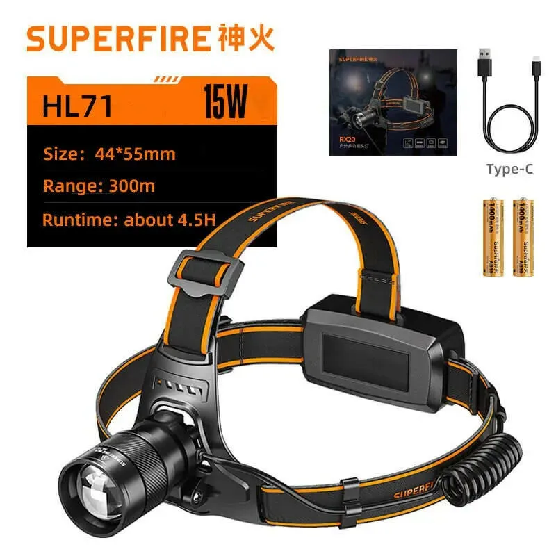 SUPERFIRE HL71/HL08 Portable LED Zoomable Headlamp Super Bright Camping Fishing Hiking Headlight Rechargeable Head Flashlight