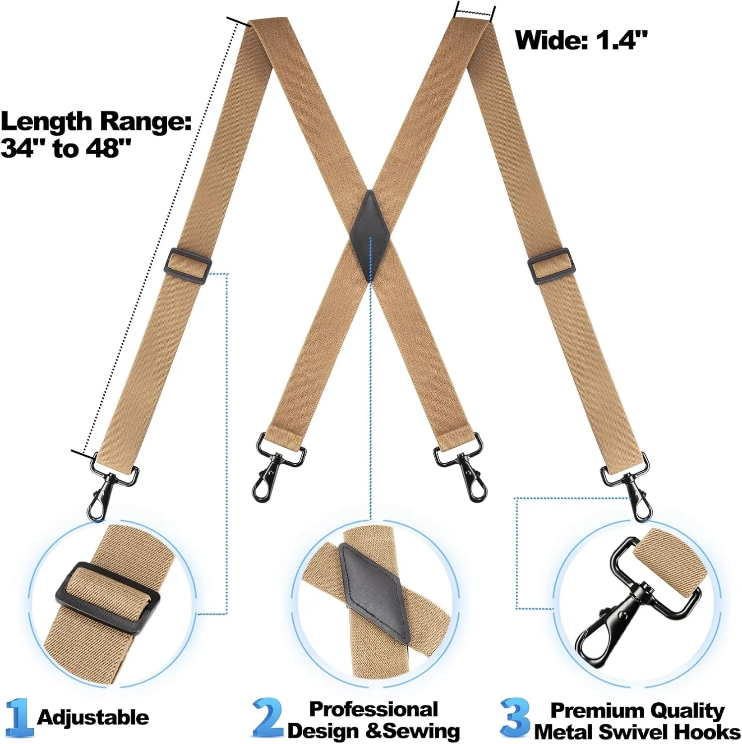 Suspenders for Men Heavy Duty, Mens Suspenders for Jeans with 4 Snap Hooks Adjustable X Back Men's Suspenders