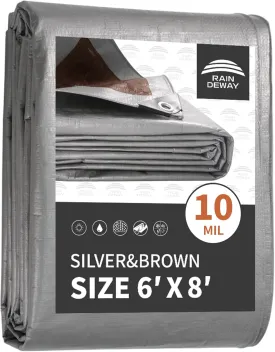 Tarps Heavy Duty Waterproof 6x8 Feet, 10Mil Multipurpose Small Tarp Cover with Metal Grommets and Reinforced Edges, Silver/Brown Tarp by RAINDEWAY