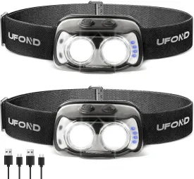 UFOND LED Headlights 2-Pack,1000 Lumen Motion Sensor Headlamp Rechargeble USB Cable Included,Ajustable Headband Lightweight Waterproof Flashlight for Camping Hiking Running,6 Modes for Outdoor