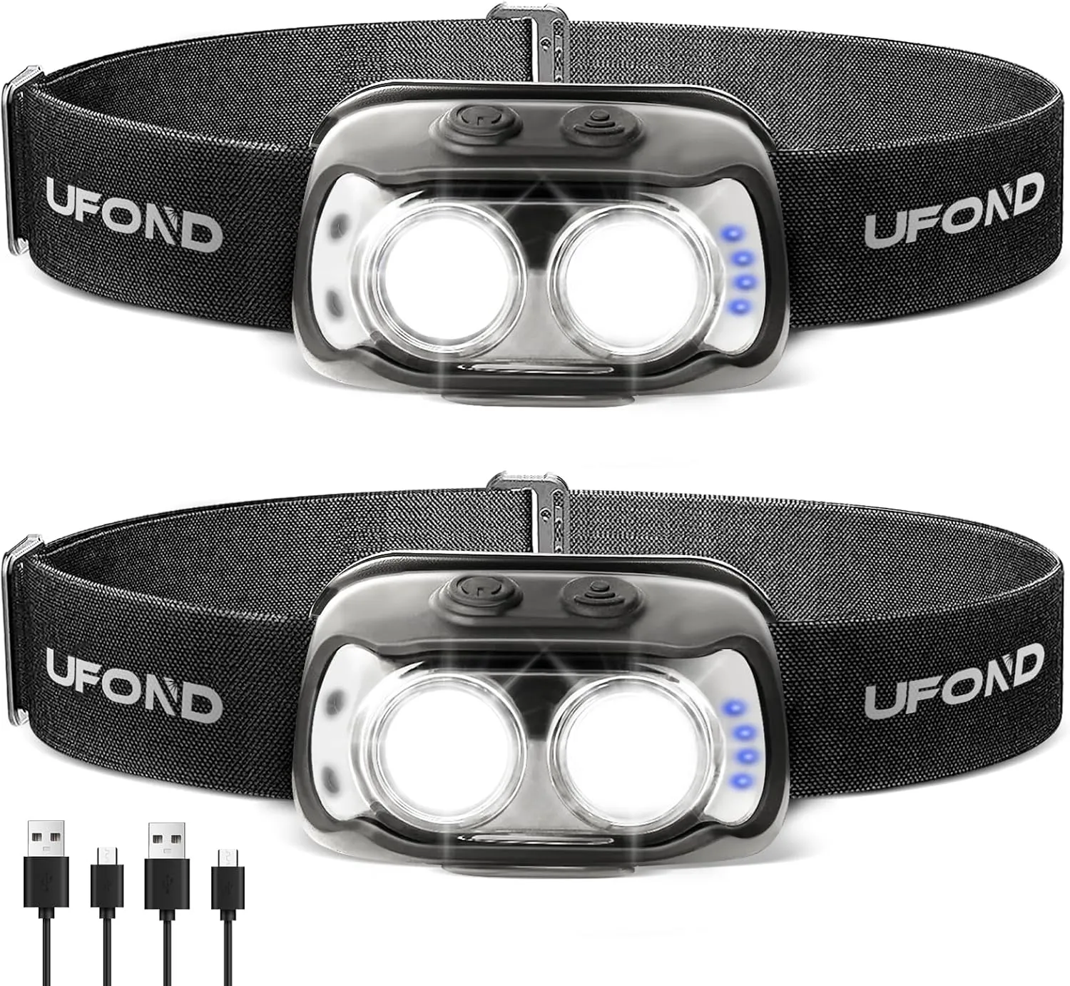 UFOND LED Headlights 2-Pack,1000 Lumen Motion Sensor Headlamp Rechargeble USB Cable Included,Ajustable Headband Lightweight Waterproof Flashlight for Camping Hiking Running,6 Modes for Outdoor