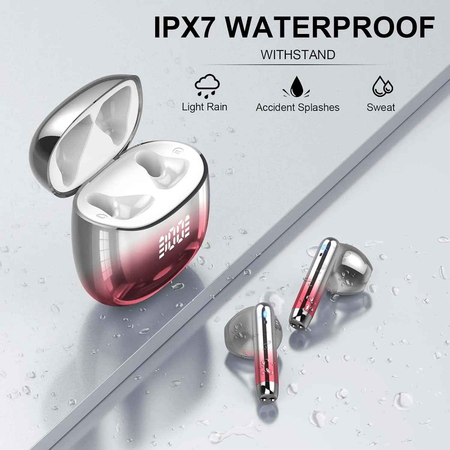 Wireless Earbuds, Bluetooth Headphones 48H Playtime Ear Buds with LED Power Display, IPX7 Waterproof Bluetooth 5.4 Earphones in-Ear Earbuds with 4 Mic for Android iOS Cell Phone Laptop, Red